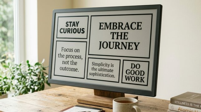 Desktop monitor displaying motivational quotes and posters like "embrace the journey" for office desk background and inspirational wall decor
