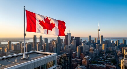 Naklejka premium Canadian flag waving over Toronto cityscape