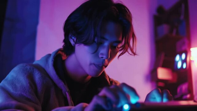 Focused Asian man playing a video game in a dark room illuminated by blue and purple neon lights, showcasing concentration and skill during an intense online tournament or streaming session