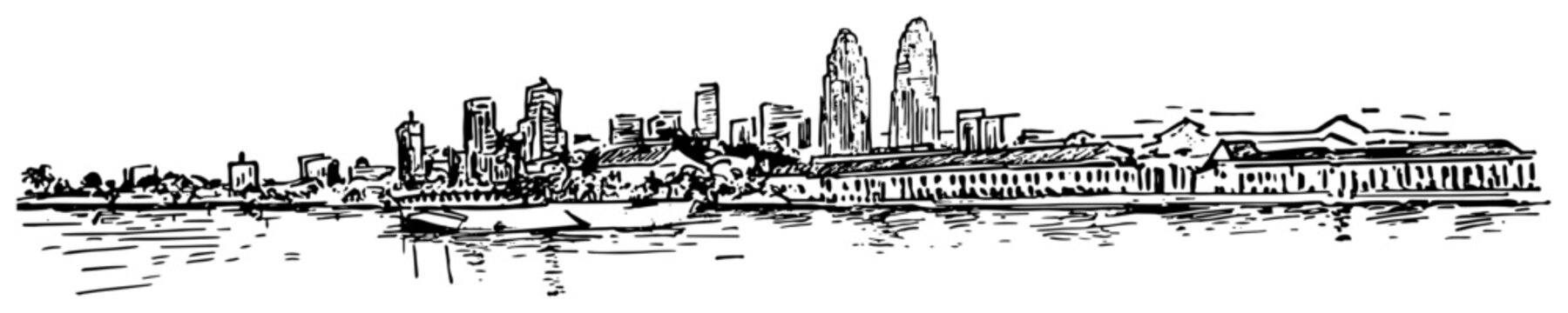 Louisville Kentucky skyline on the Ohio River. Hand drawn cityscape vector sketch with boats