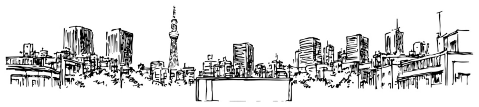 Tokyo cityscape with Skytree tower famous landmark in Japan. Hand drawn vector sketch illustration.