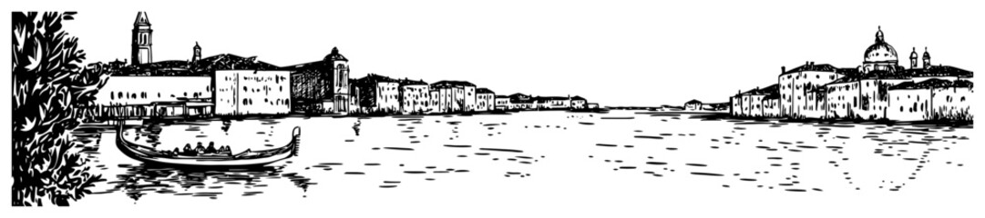 Venice Italy panoramic cityscape with gondola on the Grand Canal. Hand drawn vector sketch © Tomas