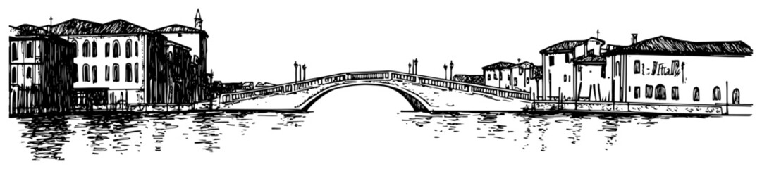 Venice Italy cityscape with a canal and bridge. Hand drawn vector sketch of historic Venetian architecture © Tomas