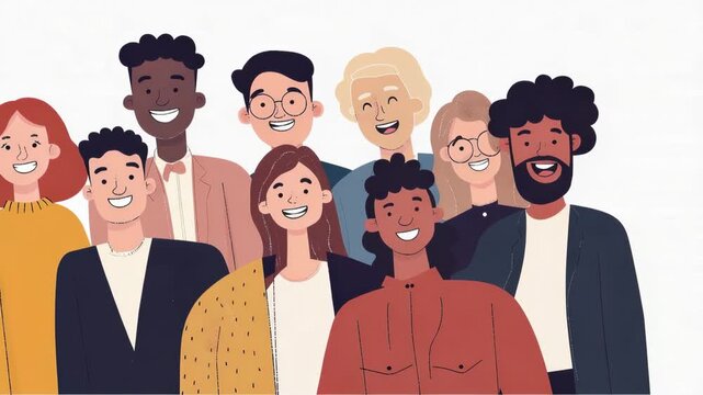 Large diverse group of smiling friends and colleagues standing together, cartoon style portrait conveying teamwork, community, friendship, and multicultural togetherness on white background