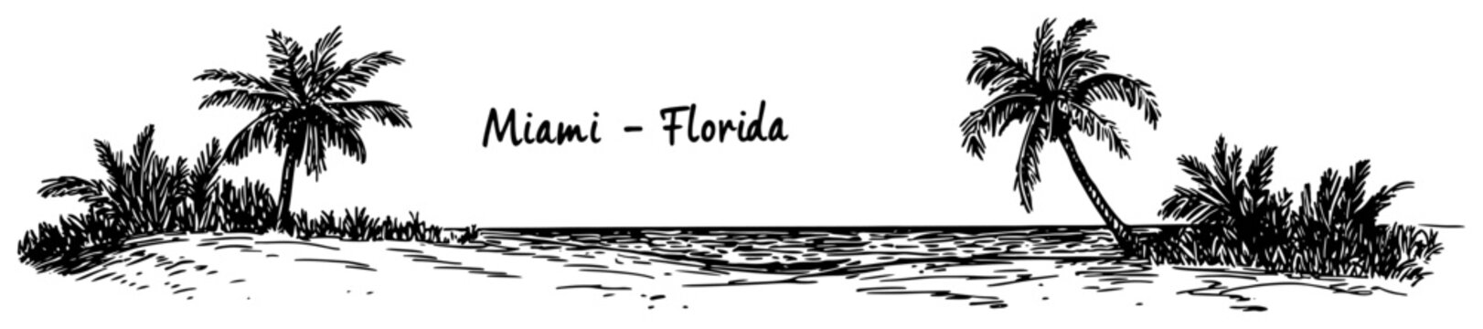 Miami Florida tropical beach scene with palm trees. Hand drawn summer vacation vector sketch