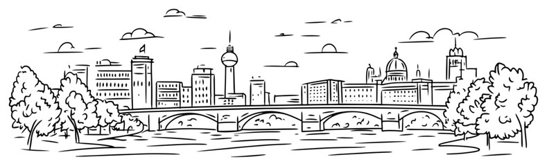 Berlin Germany cityscape with bridge over Spree river TV Tower and Cathedral Hand drawn urban skyline sketch vector illustration © Tomas
