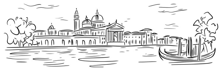 Venice Italy cityscape with gondola on the Grand Canal. Hand drawn vector sketch of a famous landmark © Tomas