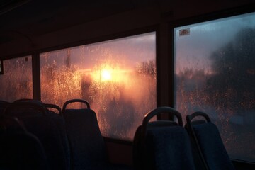 Fototapeta premium Sunrise seen from a bus window with condensation on the glass as the day begins