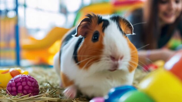 Adorable tricolor guinea pig sitting on a bed of hay inside its enclosure, curiously looking at the camera while a blurred person plays with toys in the background