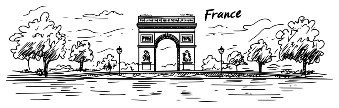 Paris France cityscape with Arc de Triomphe landmark. Hand drawn vector sketch of a famous monument