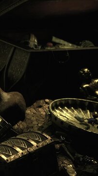 A treasure chest is open, revealing a collection of coins, jewelry, and various old items. The light is dim and shadows fill the space, creating a mysterious atmosphere.