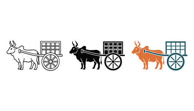 Traditional ox pulling a cart icon illustration in outline solid black and rustic orange blue color variations representing agriculture and rural life