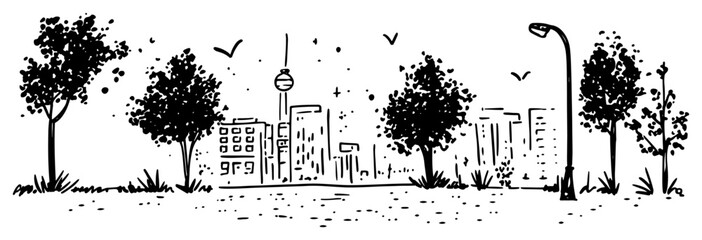 Berlin Germany cityscape view from a park. Hand drawn vector sketch with the TV Tower landmark © Tomas