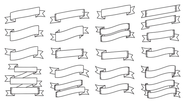 Collection of hand drawn scroll ribbons and banners in outline style for vintage labels and decorative design elements Comic