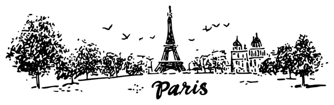Paris cityscape with Eiffel Tower and trees in a park. Hand drawn vector sketch illustration.