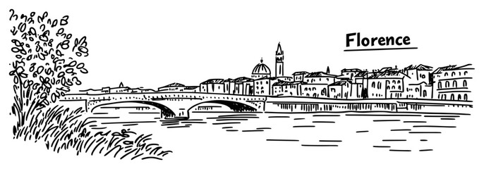 Obraz premium Florence Italy cityscape with bridge over Arno river Hand drawn historic skyline sketch vector illustration
