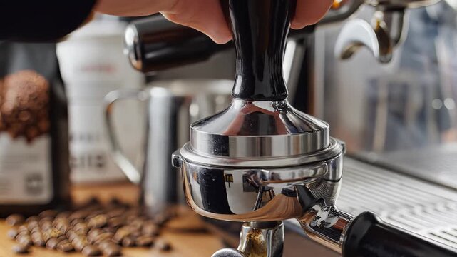 Close up of espresso machine portafilter being tamped with coffee grounds.