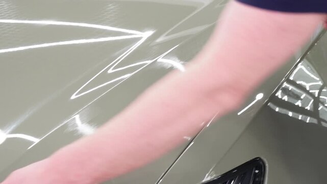 The process of applying a nano-ceramic coating for hydrophobic effect on the green car's hood by a male worker with a sponge and bottle of chemical composition and microfiber. Auto detailing service. 