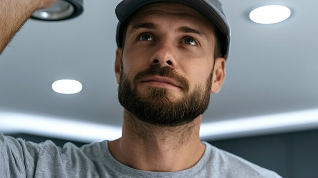 Bearded man in a cap and t shirt intently examining and working on a ceiling light fixture indoors, focused electricianhandyman performing residential repair or installation