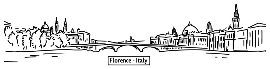 Obraz premium Florence Italy skyline outline. Hand drawn vector illustration of the cityscape with Arno River and famous landmarks