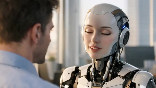 Sophisticated female humanoid robot with a lifelike face and mechanical body engaging in a conversation with a human male. Showcasing the future of artificial intelligence and human robot interaction