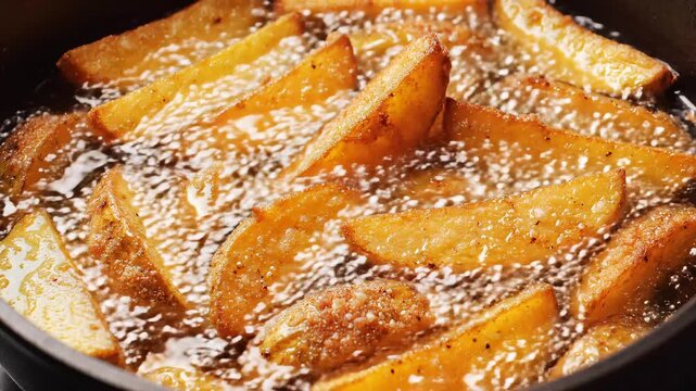 Delicious Potato Wedges Frying in Hot Oil Close Up.