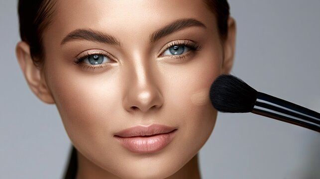 Woman's beautiful face receiving professional makeup application, a cosmetic brush gently sweeping powder across her skin for a flawless, glowing complexion