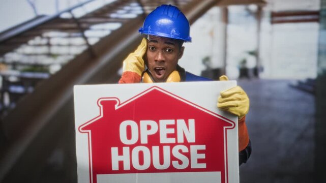 Man holds open house sign and touches hardhat with gloved hand in building; surprise community event.