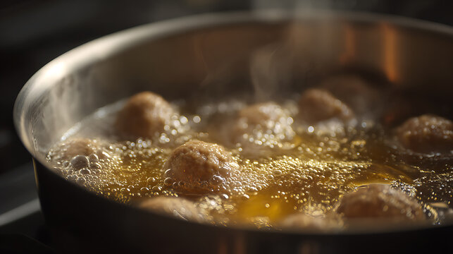 Close-up shot of delicious meatballs simmer in bubbling golden oil inside a metal pot, steam rise, on a dark kitchen stove, deep fry process