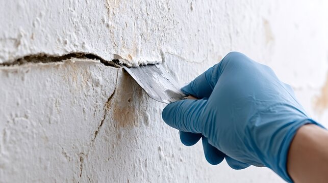 Hand wearing blue protective glove using a putty knife to fill or clean a large crack in an old white plaster wall, showing the process of renovation and home improvement