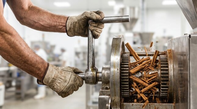 Worker operating a manual spice crushing machine with cinnamon sticks
