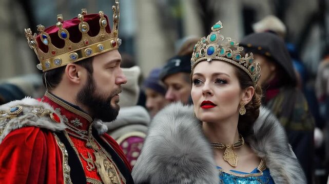 Regal king and queen in medieval costumes wearing jeweled crowns and fur robes during a historical reenactment parade. The royal couple looks at the crowd during the public ceremony
