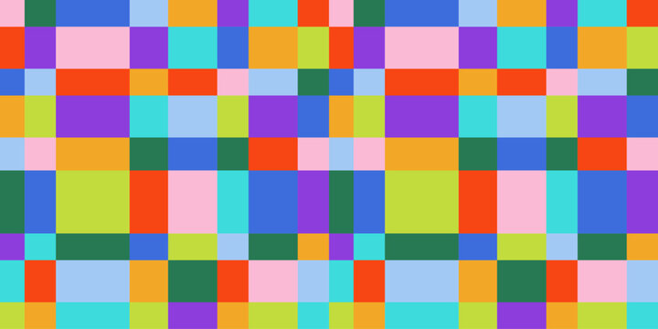 Vibrant Colorful Geometric Pattern, Abstract Mosaic Grid Background with Multi-colored Squares and Rectangles, Modern Patchwork Design for Fabric and Digital Art Wallpaper