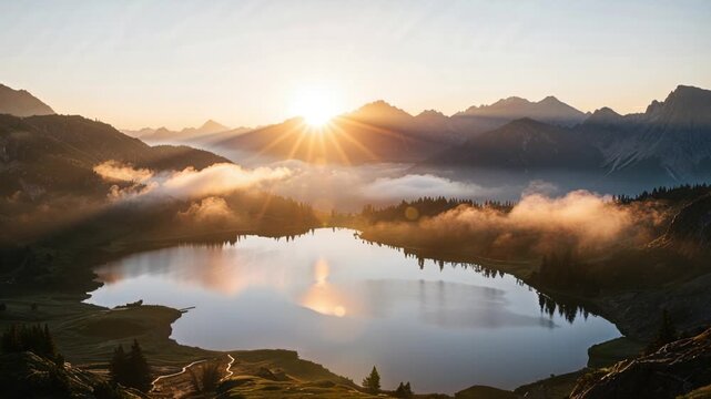 Sunrise over a calm mountain lake with mirror reflections in alpine wilderness, peaceful nature escape, scenic adventure, travel inspiration, wellness retreat.