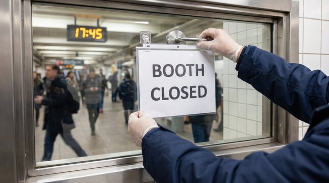 Worker putting up a printed booth closed sign on a subway station window