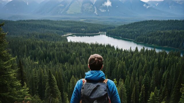 Traveler standing above forest valley and lake view, freedom in nature, solo adventure, scenic exploration, outdoor discovery.