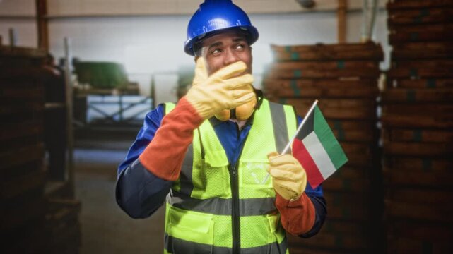 Man in hardhat points finger to flag and holds kuwait flag while smiling, wearing safety vest and gloves in warehouse building; pride celebration.