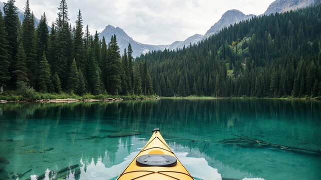 Kayak moving across a crystal mountain lake surrounded by pine forest, outdoor adventure, active travel, wilderness exploration, freedom journey.