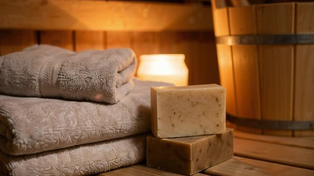 Sauna interior with towels and warm wooden details, self care ritual, wellness relaxation, spa comfort, healthy lifestyle.
