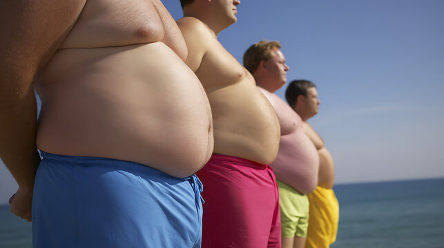 Four Overweight Men Stand in a Row by the Ocean Under a Clear Blue Sky, Showcasing Diverse Body Shapes and Colorful Swimwear