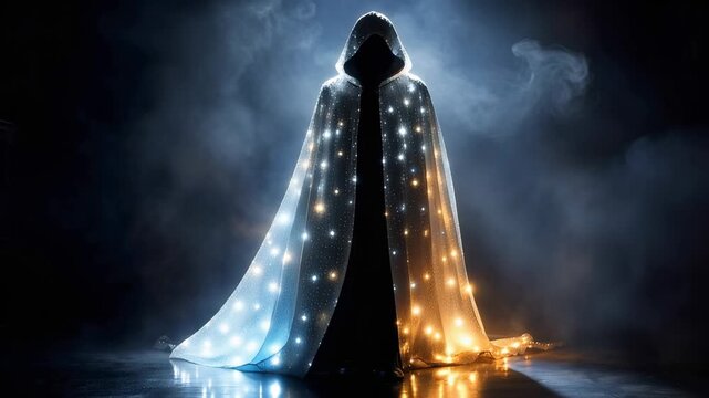 Mysterious robed figure standing in a dark, foggy environment, wearing a magical hooded cloak that twinkles with blue and gold lights resembling a starry galaxy, creating a fantasy concept