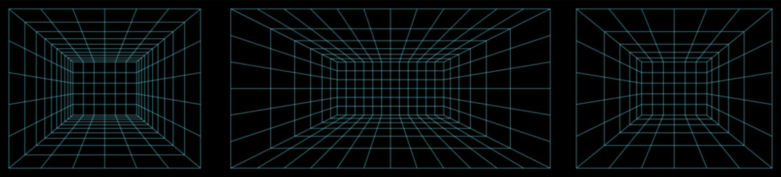 Ai y2k tunnel in grid blueprint lab box, 3d infographic arcade. Line neon tron industry metaverse. Minimal tiled space, simple vanishing point pattern. Wire perspective blue effect, 80s vortex scheme