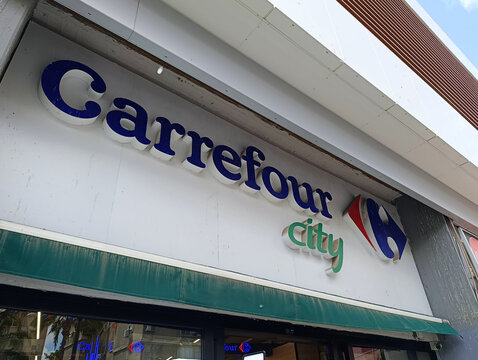 Rishon Lezion, Israel - 5May2026. Carrefour City supermarket sign in Israel, concept of rising food prices, inflation, taxes and grocery basket cost increase.