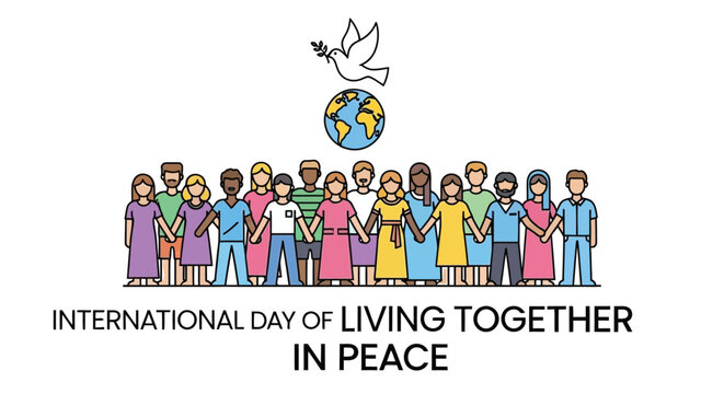 Illustration of diverse people holding hands with a dove and globe colorful with international day of living together in peace text
