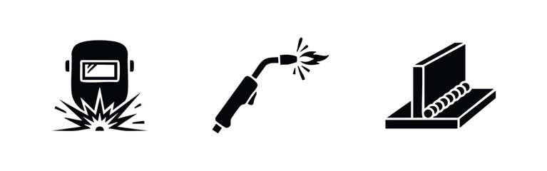 Set of three black welding icons featuring a protective helmet with sparks, a welding torch, and a welded metal joint on a white background. © Lili