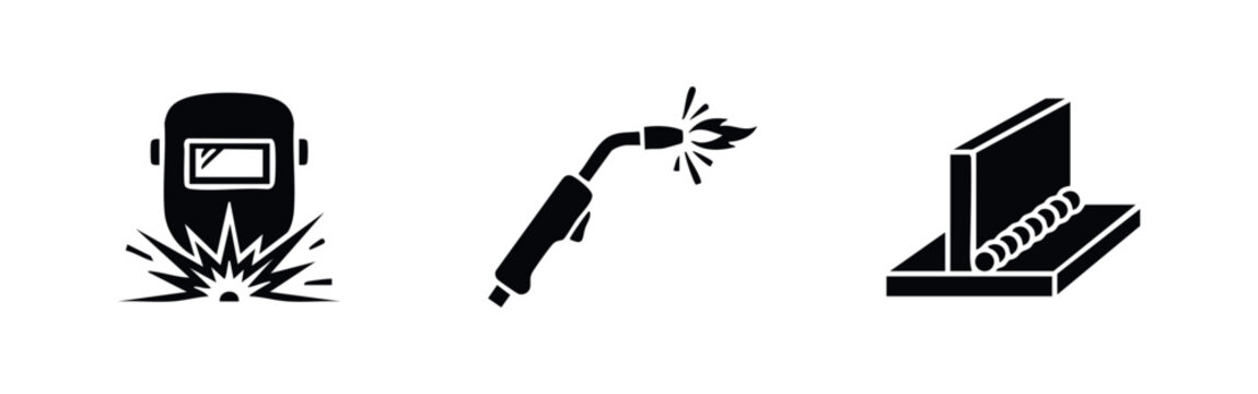Set of three black welding icons featuring a protective helmet with sparks, a welding torch, and a welded metal joint on a white background.