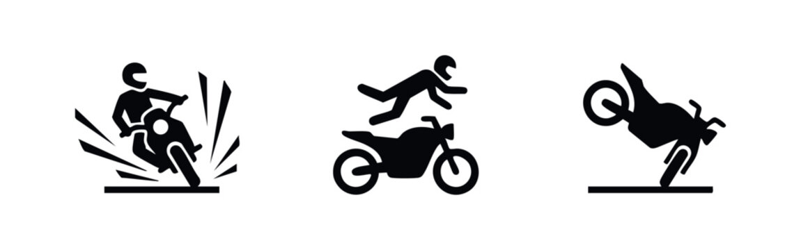 Set of minimalist black icons depicting various motorcycle accident scenarios, including sliding, rider ejection, and front-flip crashes.