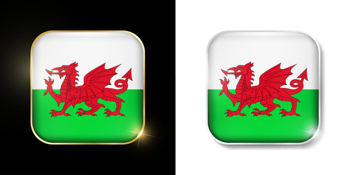 Wales flag shiny golden and silver icons isolated on black and white. Vector 3D square rounded illuminated buttons with shadow. Use for bets, tournament, sport games