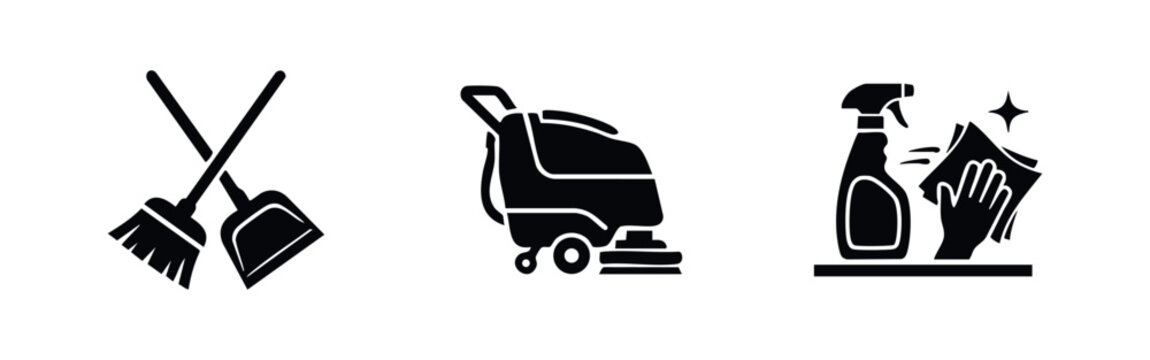 Professional cleaning service icons set including broom, dustpan, industrial floor scrubber, and spray bottle with wiping hand on white background.