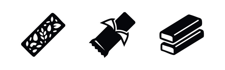 Set of three minimalist black snack bar icons, featuring a granola bar with nuts, a wrapped chocolate bar, and stacked protein bars. © Lili
